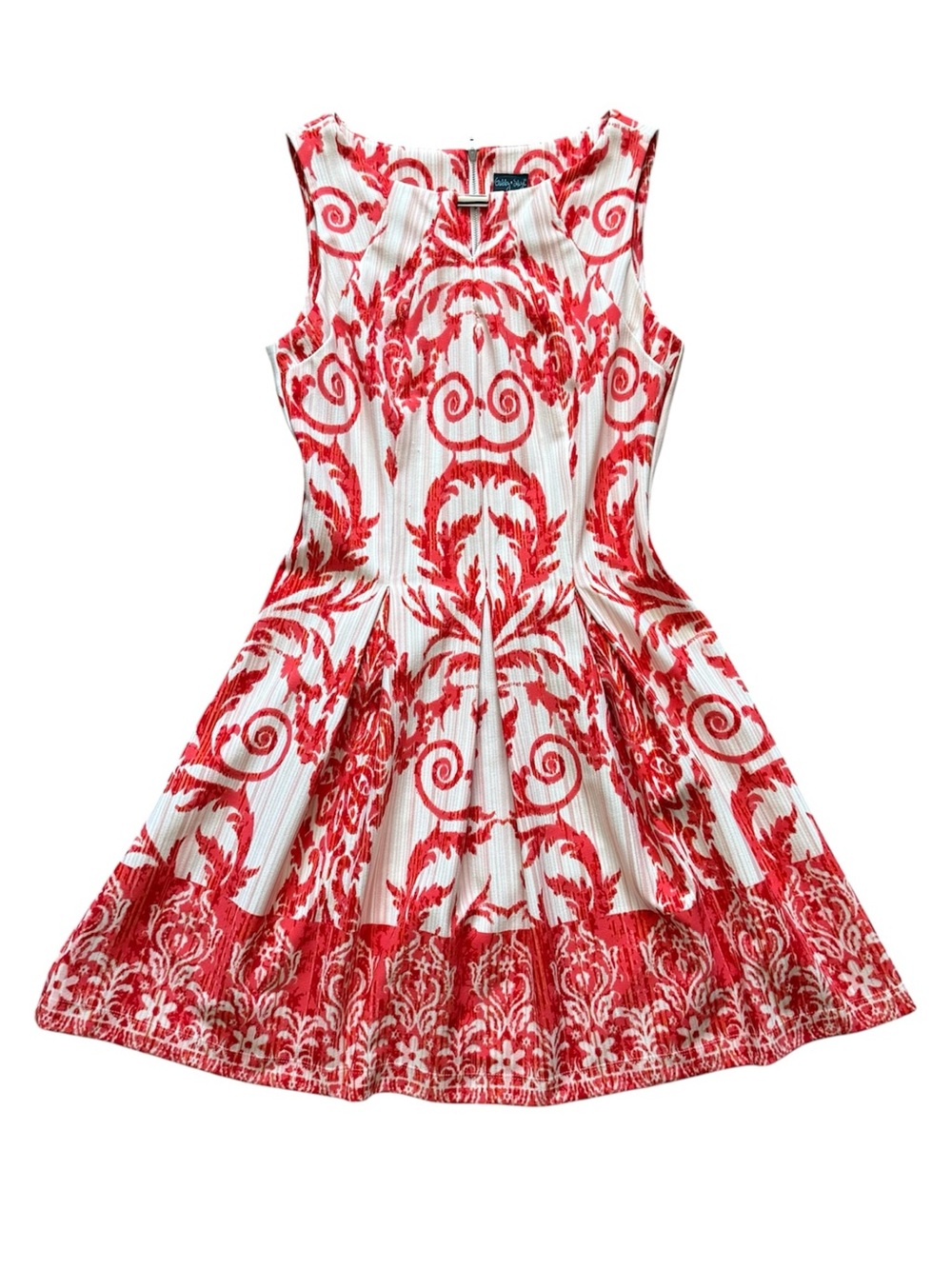 Coral, Red, and White Sleeveless Print Fit and Flare Dress